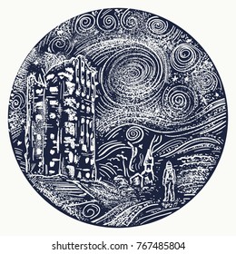 Man standing in post apocalypse city tattoo. Nuclear war t-shirt design. Apocalyptic landscape art 