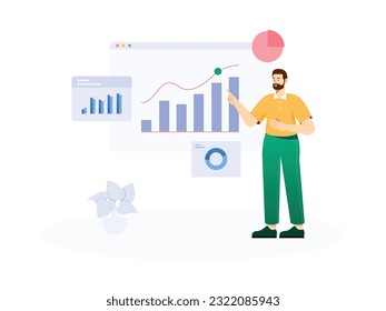 a man is standing and presenting about his business and marketing graphs that keep going up
flat design, vector illustration