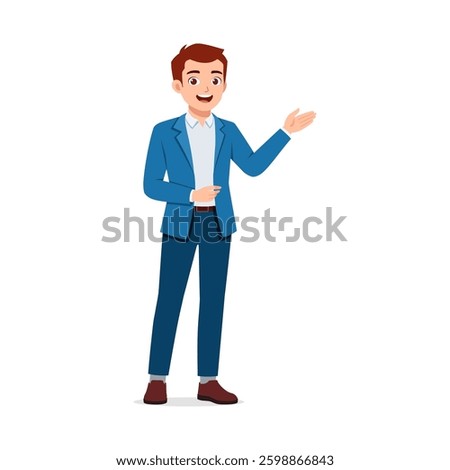 Man Standing and Presenting with Open Palm in Formal Attire with Smiling on Isolated White