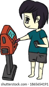 A man standing presses a machine
