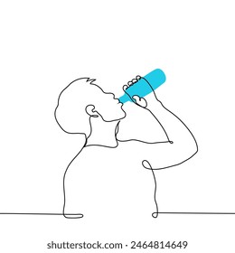 man standing in profile and drinking from a plastic bottle - one line art vector. thirst quenching concept. Handmade vector not AI 