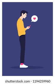 A man is standing in profile. The guy is holding a phone. Vector Flat Illustration