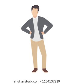 
Man standing in proper dressing with hands akimbo, icon for angry father
