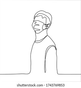 A man is standing in a protective medical mask. One continuous line drawing a guy threw his head back and looks into the distance, he is wearing a protective mask. Can be used for animation.