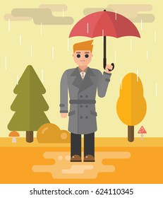 The man is standing in the rain with an umbrella in the fall. Vector flat cartoon illustration.