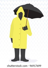 Man standing in raincoat, boots and holding umbrella in the rain.