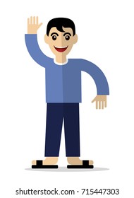 Man Standing raise his hand and greeting say Hello