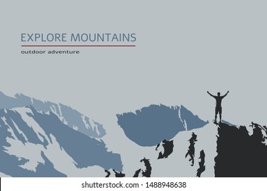 Hombre de pie con las manos levantadas sobre la montaña, aventura al aire libre. Ilustración vectorial de diseño plano. Explore el volante de las montañas