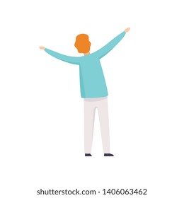 Man Standing with Raised Hands at Open Air Festival, Back View, Outdoor Summer Concert Vector Illustration