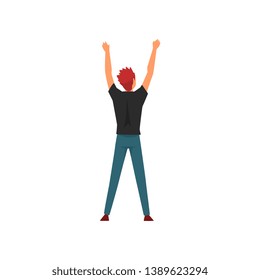 Man Standing with Raising Hands at Open Air Concert, Rock Fest, Outdoor Summer Music Festival, View From the Back Vector Illustration