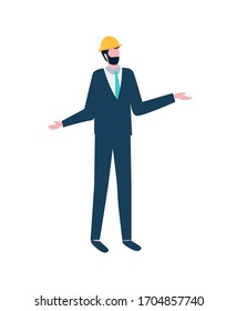 Man standing with raising hands, worker wearing in suit and helmet, employee standing, element of project management, full length view of manager vector