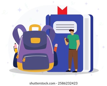 A man standing and reading book with big icon of bag and book. Vector of education knowledge. Concept of literature fans or lovers reading. 