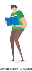 Man standing and reading book, hand drawn vector illustration. Colored flat style.