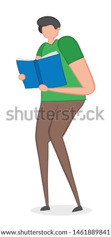 Man standing and reading book, hand drawn vector illustration. Color outlines and colored.
