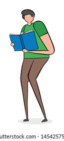 Man standing and reading book, hand-drawn vector illustration. Black outlines and color.