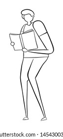 Man standing and reading book, hand-drawn vector illustration. Black outlines and white.