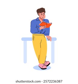 A man is standing and reading a book while leaning against a table. Vector characters on white background.