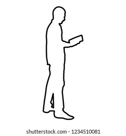 Man standing reading Silhouette concept learing document icon outline black color