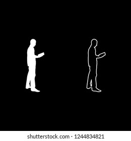 Man standing reading Silhouette concept learing document icon outline set white color