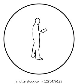 Man standing reading Silhouette concept learing document icon black color outline vector illustration flat style simple image in circle round