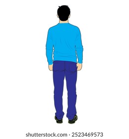 Man standing rear view with shoes, long sleeve shirt, and trouser illustration.