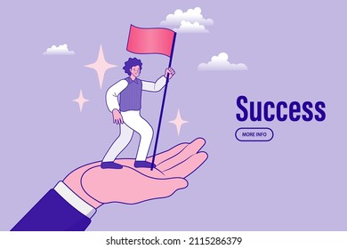 Man standing with red flag in palm. Businessman occupied the highlands. Leadership, Goal Achievement Landing Page Template. Vector outline Illustration