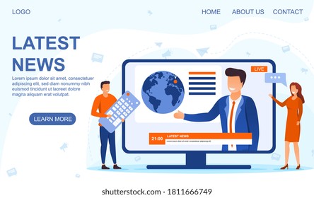 Man standing with a remote control and watching the latest news on a TV screen or computer monitor. Web page template. Flat vector illustration.
