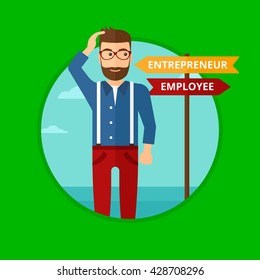 A man standing at road sign with two career pathways. Man choosing career pathway. Man making a decision of his career pathway. Vector flat design illustration in the circle isolated on background.