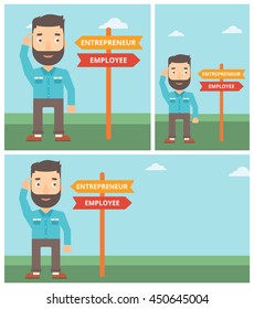 Man Standing At Road Sign With Two Career Pathways. Man Choosing Career Pathway. Man Making A Decision Of His Career Pathway. Vector Flat Design Illustration. Square, Horizontal, Vertical Layouts.