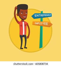 Man standing at road sign with two career pathways - entrepreneur and employee. Man choosing career pathway. Career choice concept. Vector flat design illustration in the circle isolated on background