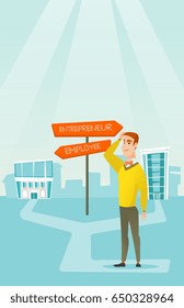Man standing at road sign with two career pathways - entrepreneur and employee. Man choosing career way. Man making a decision of career. Vector flat design illustration. Vertical layout.