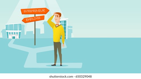 Man standing at road sign with two career pathways - entrepreneur and employee. Man choosing career way. Man making a decision of career. Vector flat design illustration. Horizontal layout.