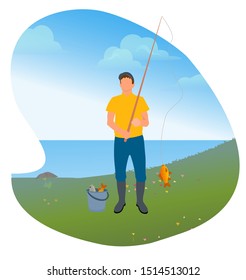 Man standing with rod and fish on it. Person fishing on lake or river. Two fishes in bucket. Male on vacation do favorite hobby. Human in boots, fishery sport. Vector illustration in flat style