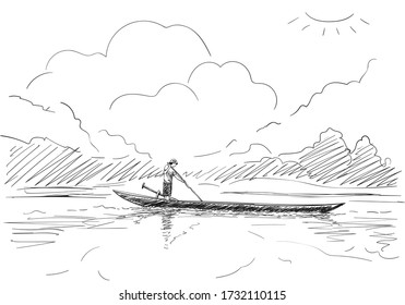 Man standing and rowing long boat on lake with mountains and clouds on backdrop, Hand drawn vector sketch