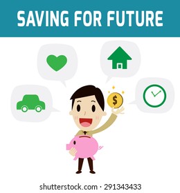 Man standing saving holding a coin to put in a piggy bank. Concept of business, money planning and saving. Businessman or people character.
Flat icon modern design style vector illustration concept.
