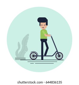 A man is standing with a scooter on the background of plants in pot