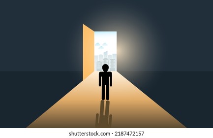 A man standing see the door from dark room to light coming world wide city for life freedom. concept hope, contrast and real life. vector, illustrator.