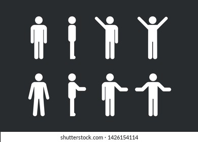 Man standing set, stick figure human. Vector illustration, pictogram of different human poses on white