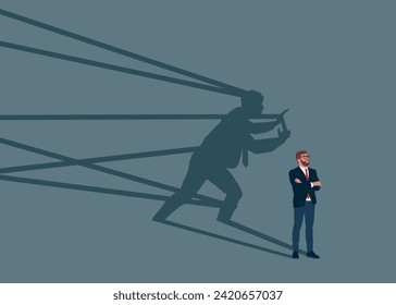 Man standing with shadow tied up with tape trying to run away with full effort. Business difficulty or struggle with career obstacle. Flat vector illustration.