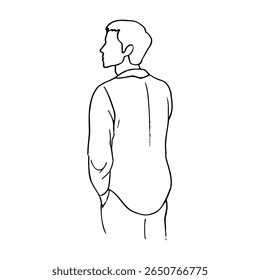 man standing in shirt with hands in pockets faceless portrait, back view in profile - hand drawn line art