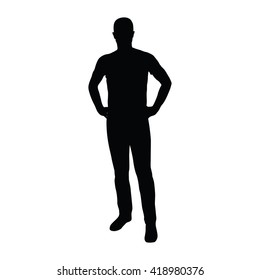 Man Standing In Shirt And Jeans With Hands On Hips. Vector Silhouette Of Man Standing. Front View