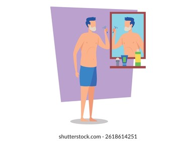 Man standing shirtless in front of mirror, carefully shaving his face. Various grooming products neatly arranged on shelf. Morning routine concept