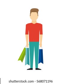 man standing with shopping bags over white background. colorful design. vector illustration