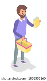 Man standing with a shopping basket vector isolated. Customer holding the empty yellow basket and a box with groats. Buyer in supermarket takes a box of goods takes off the shelf read the packaging