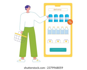 Man standing with shopping cart choosing groceries on smartphone app, buying online and having it delivered to his home. Character design. Vector flat illustration