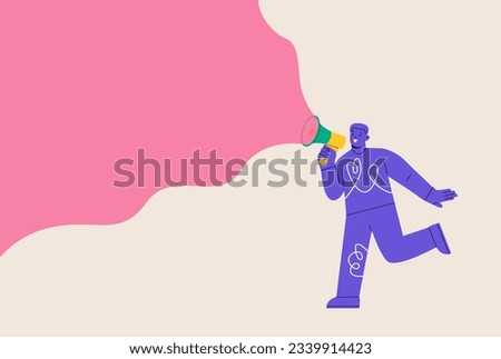 Man standing and shouting in loudspeaker. Advertising and promotion concept. Colorful vector illustration
