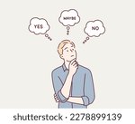 Man standing sideways. Inscriptions yes, no, maybe around her shows decision making process. Hand drawn style vector design illustrations.
