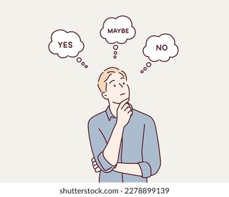 Man standing sideways. Inscriptions yes, no, maybe around her shows decision making process. Hand drawn style vector design illustrations. - Shutterstock ID 2278899139
