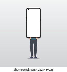  Un hombre parado con un smartphone elevado, con una pantalla blanca de imitación vacía. Concepto de publicidad de aplicaciones móviles. Vector, ilustración