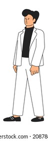 Hombre de pie. Hombre sonriente con traje blanco. Persona que escucha